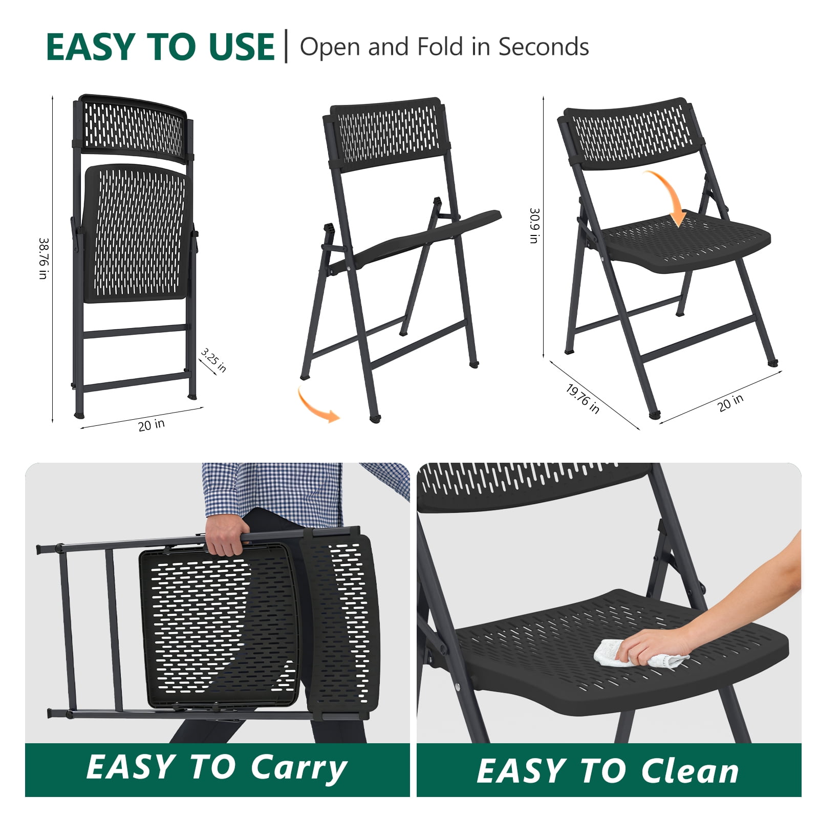 WLLJOY 4 Pack Folding Chair, 350 Lb Weight Capacity, Fold chair with Breathable Seat Indoor/Outdoor Foldable Chairs for Picnic, Weddings Black