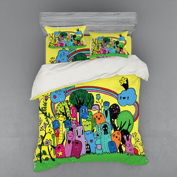 Indie Duvet Cover Set Colorful Funny, Doodle Double Duvet Covers