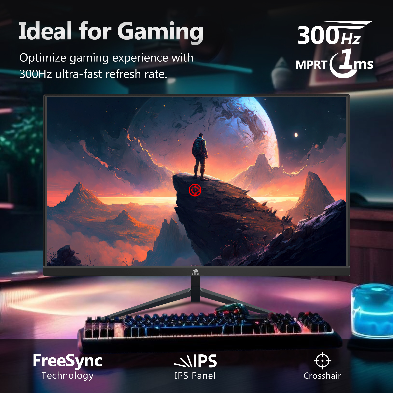 Z-EDGE 24.5 Inch 300Hz Gaming Monitor, FHD 1080P IPS Display, 1ms MPRT, AMD FreeSync, HDR Support, VESA Mount Compatible