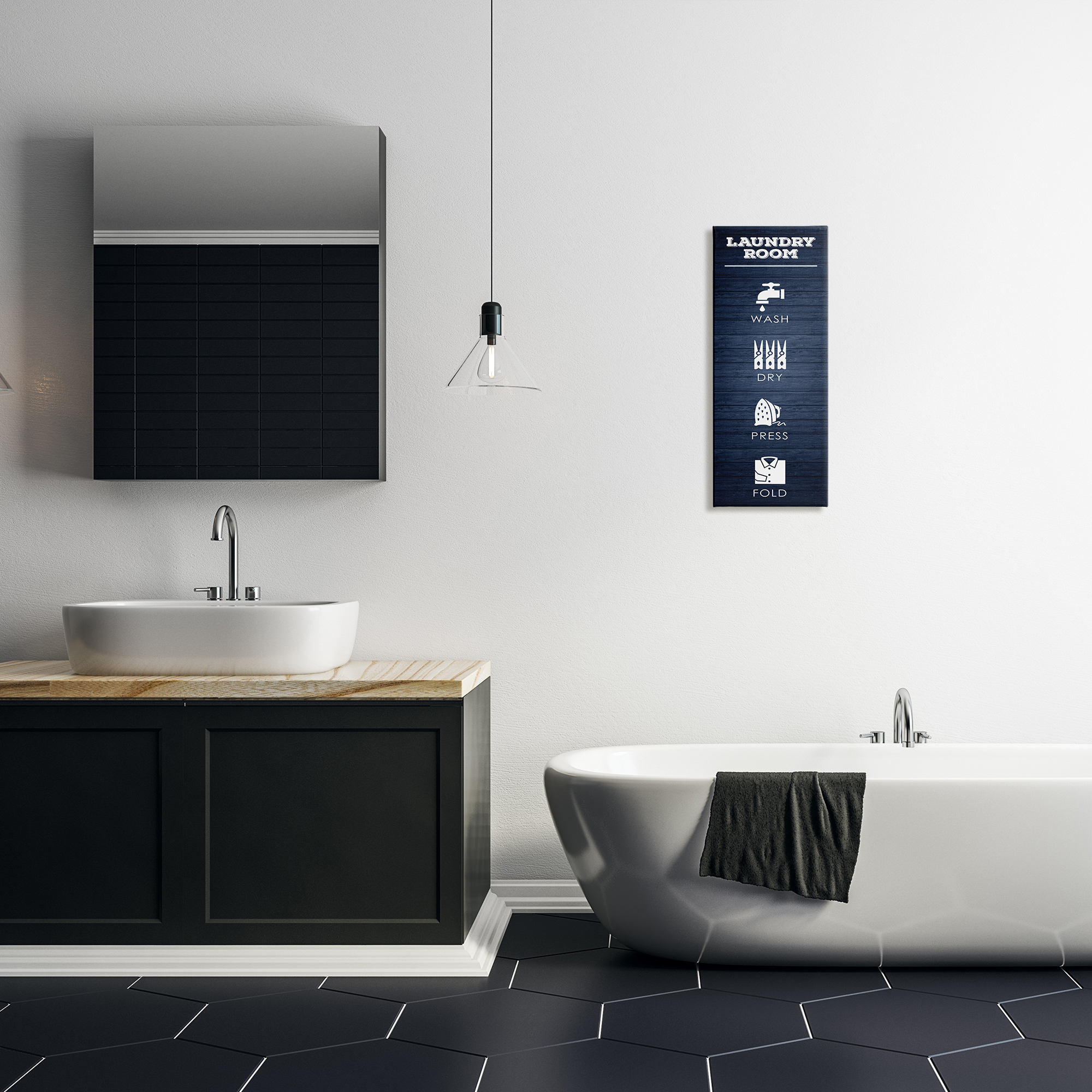 Stupell Industries Laundry Room Icons Rustic Blue Pattern Cleaning Guide, 10 x 24, Design by Melody Hogan