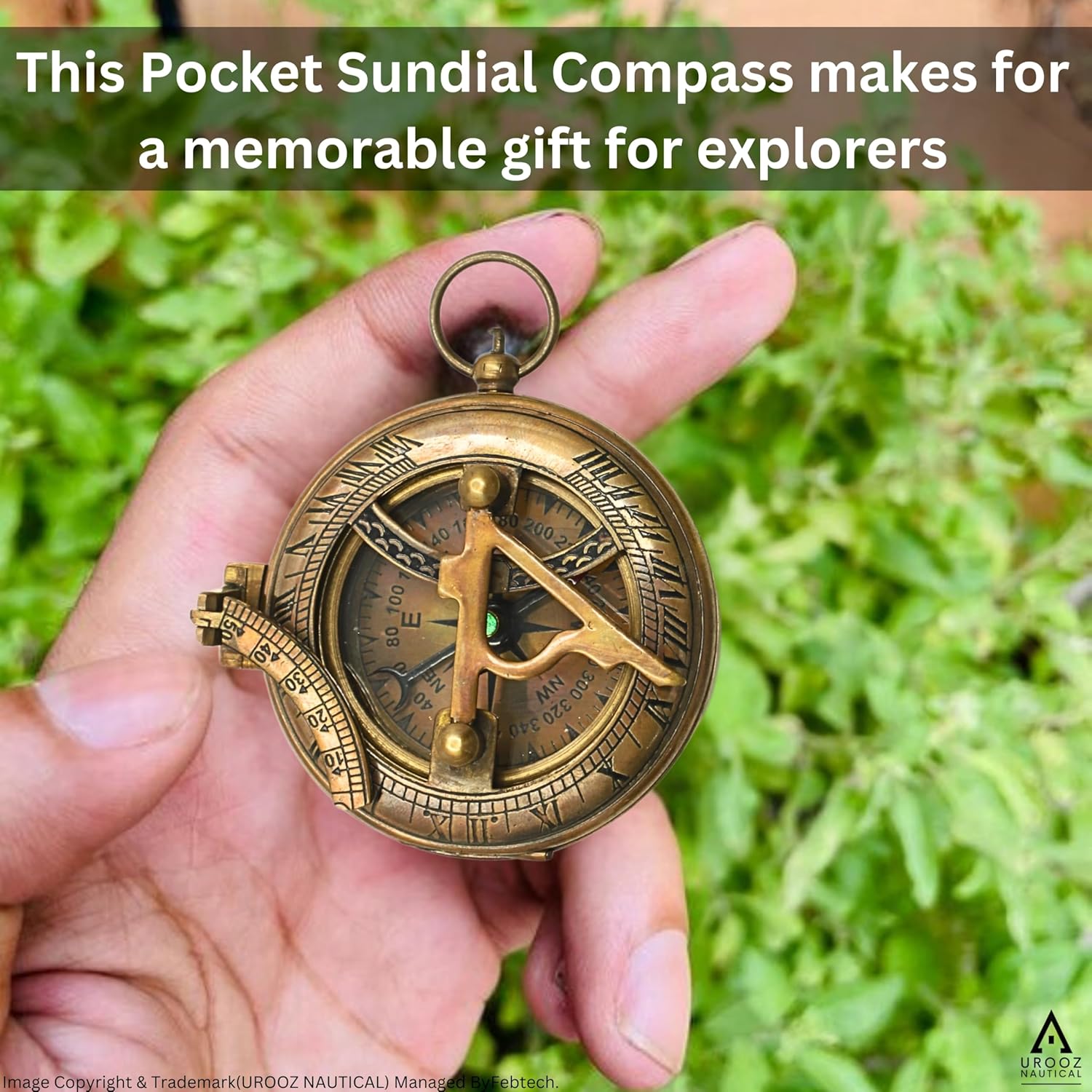 Nautical Sundial Pocket Compass with Leather Case | Compass for Camping, Hiking, Touring - Engraved Gift for Him - Nautical Ship Replica Watch - Sundial Clock in Box