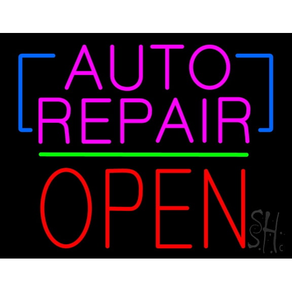 Auto Repair Open Block Green Line LED Neon Sign 15 x 19 - inches, Clear Edge Cut Acrylic Backing, with Dimmer - Bright and Premium built indoor LED Neon Sign for automotive store, and mall.