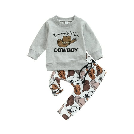

Infant Baby Boy Clothes Set Letter Print Long Sleeve Sweatshirts Tops and Cow/Cowboy Hat/Cattle Head Print Pants