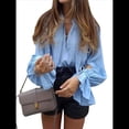 thumbnail image 3 of Blusa Informal con Botones para Mujer, Cuello en V, Larga, Aberturas, Cuello Halter, Blusa y Holgada Azul L, 3 of 10