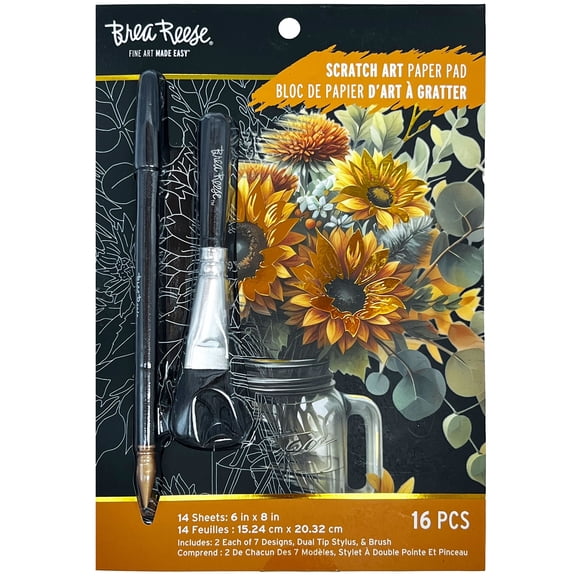 Brea Reese: Scratch Art Paper Pad - Fall Florals - 14 Sheets, 7 Guided Art Designs, Metallic Accents, Stylus & Brush, 6x8" Pages, DIY Adult Craft Kit