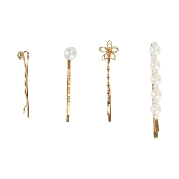 4pcs Simple One-word Faux Pearl Hair Clips Hairdo Clip for Girls Gold Tone White