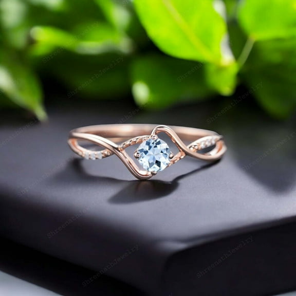 SHREENATHJEWELRY 6MM / 1CT Round Shape Aquamarine Promise Ring CZ Diamond Cross Over Wedding Jewelry Art Deco Handmade Proposal Ring Gift For Her