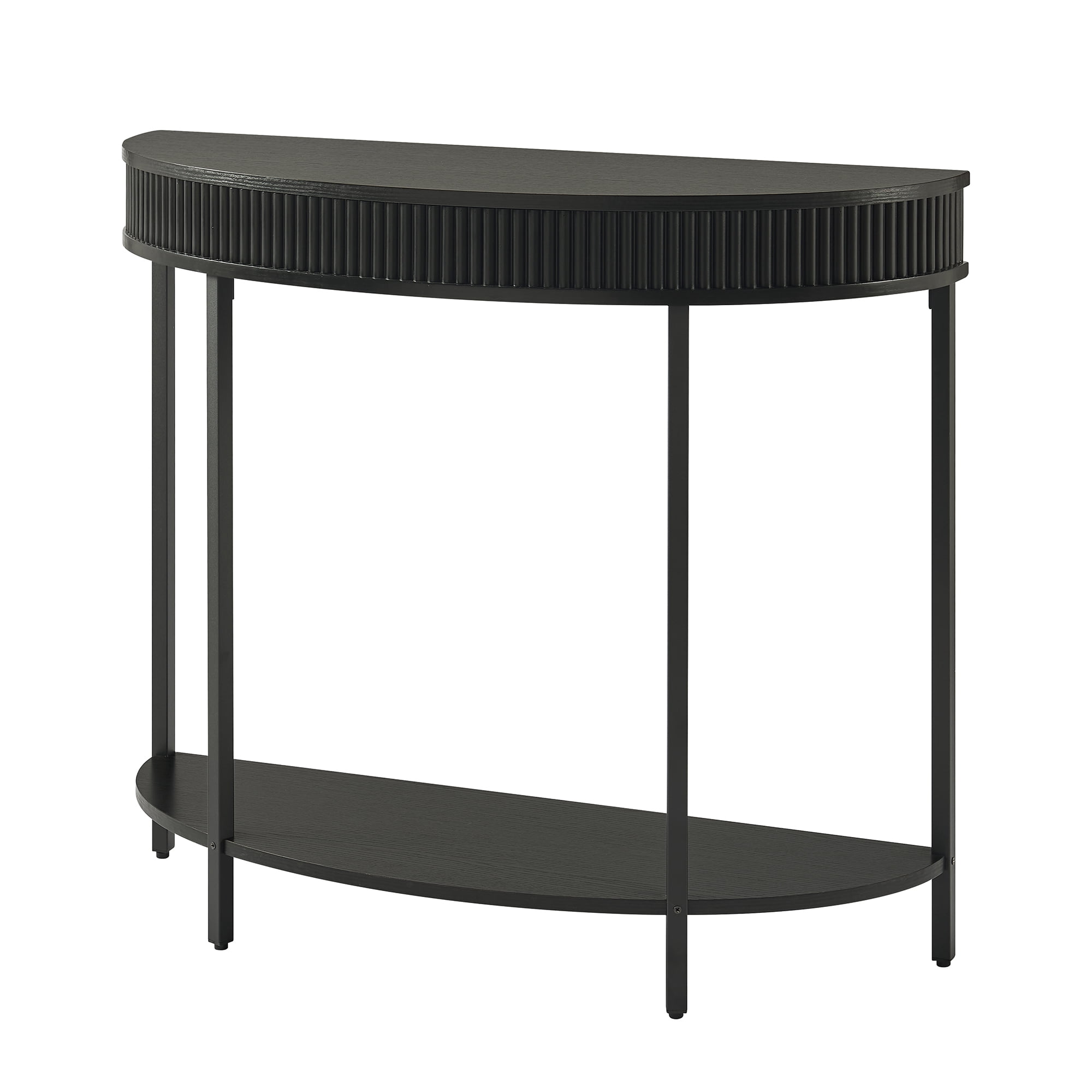 Rosary Blenn Fluted Half Moon Console Table, Modern 2-Tier Black Entryway Console with Storage