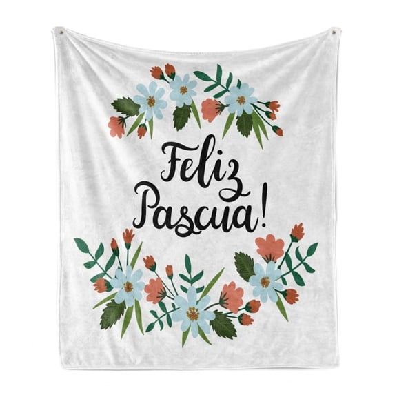 Spanish Soft Flannel Fleece Blanket, Feliz Pascua Happy Easter Celebration with Floral Wreath Greeting Joy Calligraphy, Cozy Plush for Indoor and Outdoor Use, 50" x 60", Multicolor, by Ambesonne