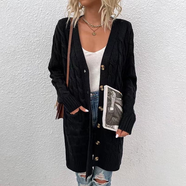 Suéter tipo cárdigan de otoño e invierno para mujer Chaqueta tipo cárdigan informal de un solo pecho y larga a la moda para mujer