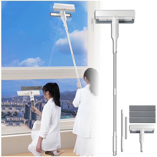 Kit de Nettoyage de Fenêtre avec Collecteur d'Égouttage et 3 Tampons, Nettoyeur de Verre de Douche 4 en 1 avec Perche d'Extension, Équipement de Nettoyage de Fenêtre