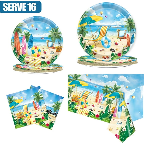 Beach Theme Party Decorations Disposable Dinnerware Summer Tablecloth Party Plates and Napkins Set for Hawaiian Themed Birthday Party Pool Party Decorations Summer Party Supplies, Serve 16