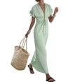 thumbnail image 2 of Women Summer V Neck Drawstring Maxi Dress Elastic Waist Flowy Vacation Dress Light Green S, 2 of 8