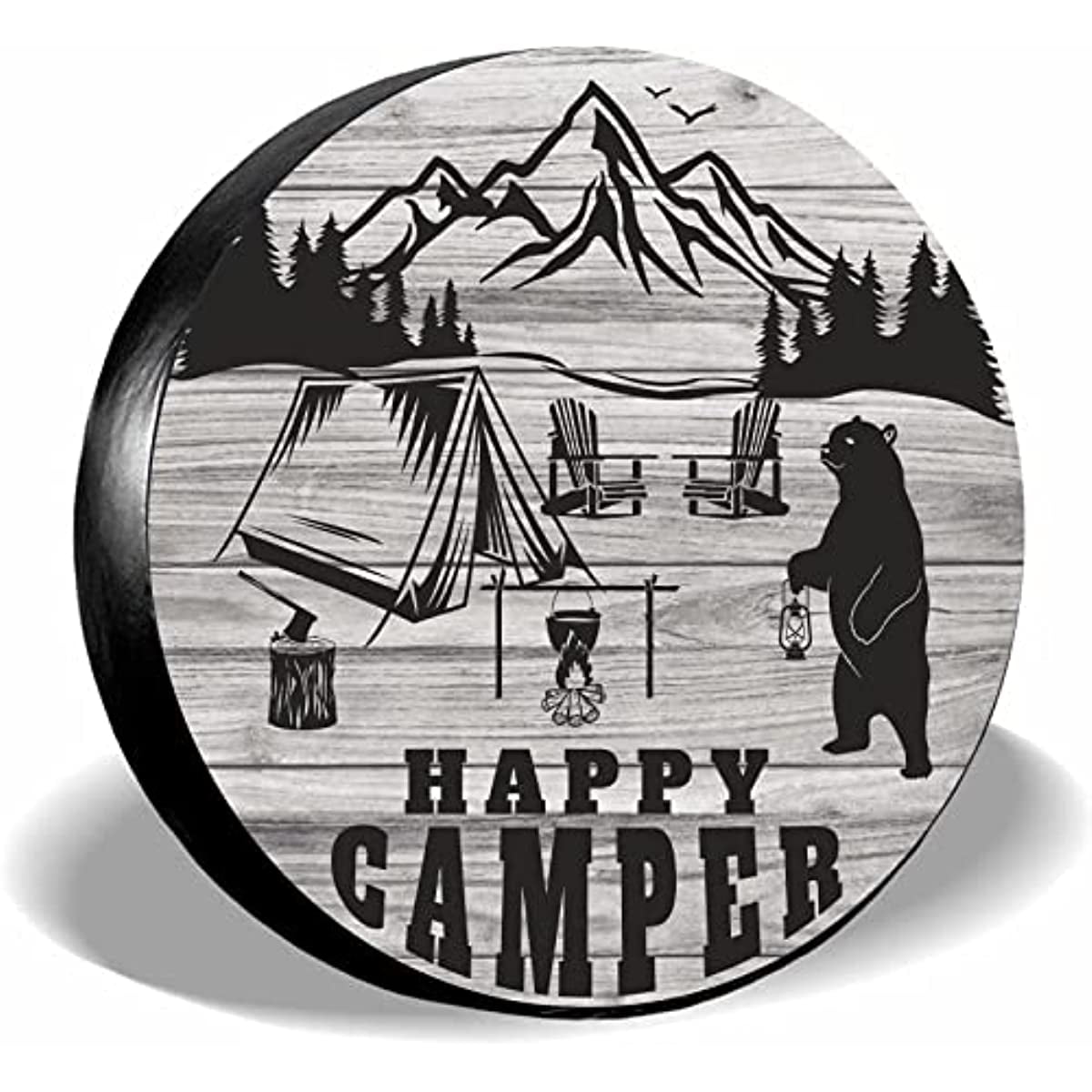 Happy Camper Bear Wooden Board Spare Tire Covers Polyester Wheel Cover Tyre  Protector with Elastic Band Universal for Jeep Trailer Truck Camper 