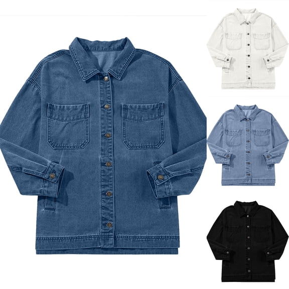 Tqcoqu Women's Jean Jacket Oversized Boyfriend Button Up Long Sleeve Split Trendy Denim Jackets