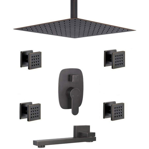 Juno 12" Oil Rubbed Bronze Solid Brass Rainfall Shower System With 4 PCS Body Jets Mixer Spout Tub Set