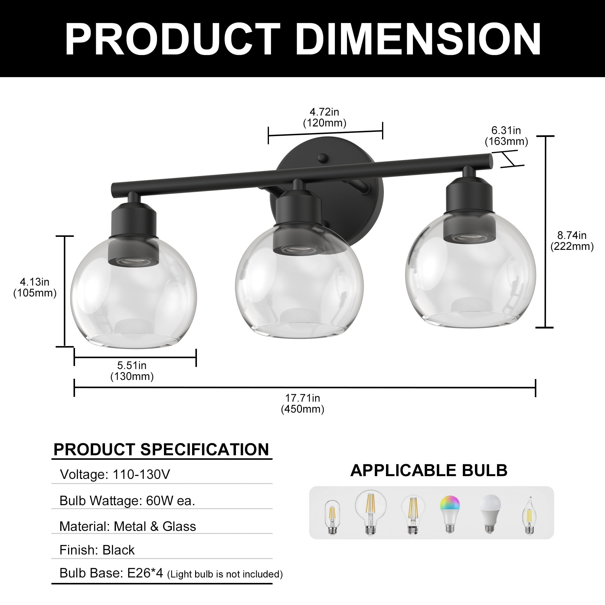 YANSUN 17.7 in 3-Light Bathroom Vanity Light Fixtures Over Mirror, Black Bathroom Light Fixtures with Clear Globe Glass Shades, for Bathroom, Powder Room, Vanity Table