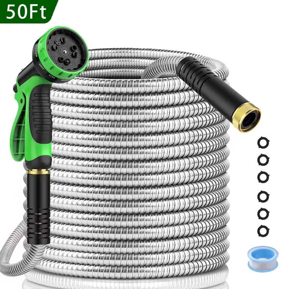 Garden Hose 50FT, Stainless Steel Heavy Duty Water Hose with 10 Function Nozzle, No-Kink, Tough & Flexible, Sturdy and Lightweight, Rust Proof for Yard, Outdoor, RV