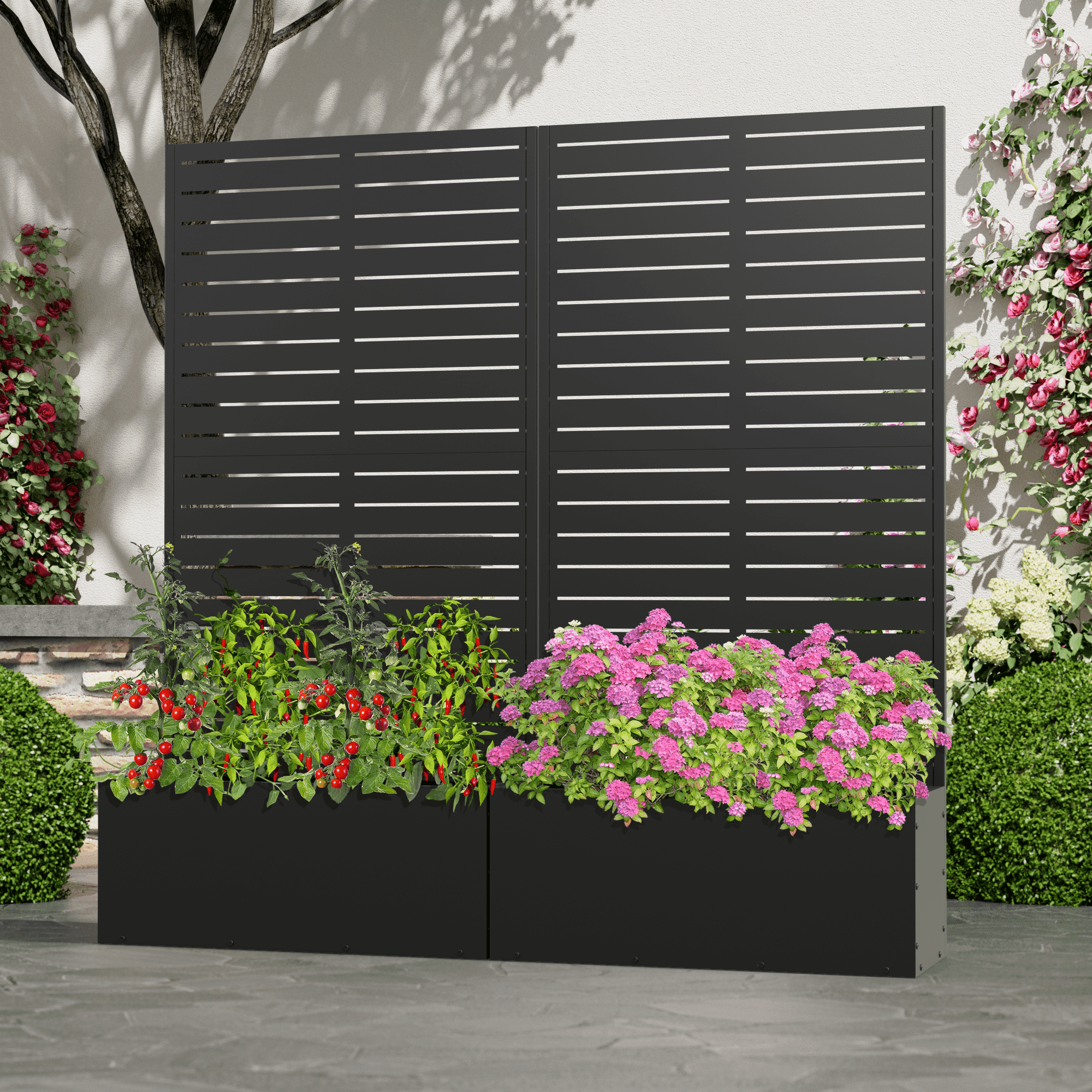 MAYEERTY 59.1"×29.5"×11.8" Black Iron Planter Box with Trellis - Louvered Classic Look, Great for Climbing Flowers