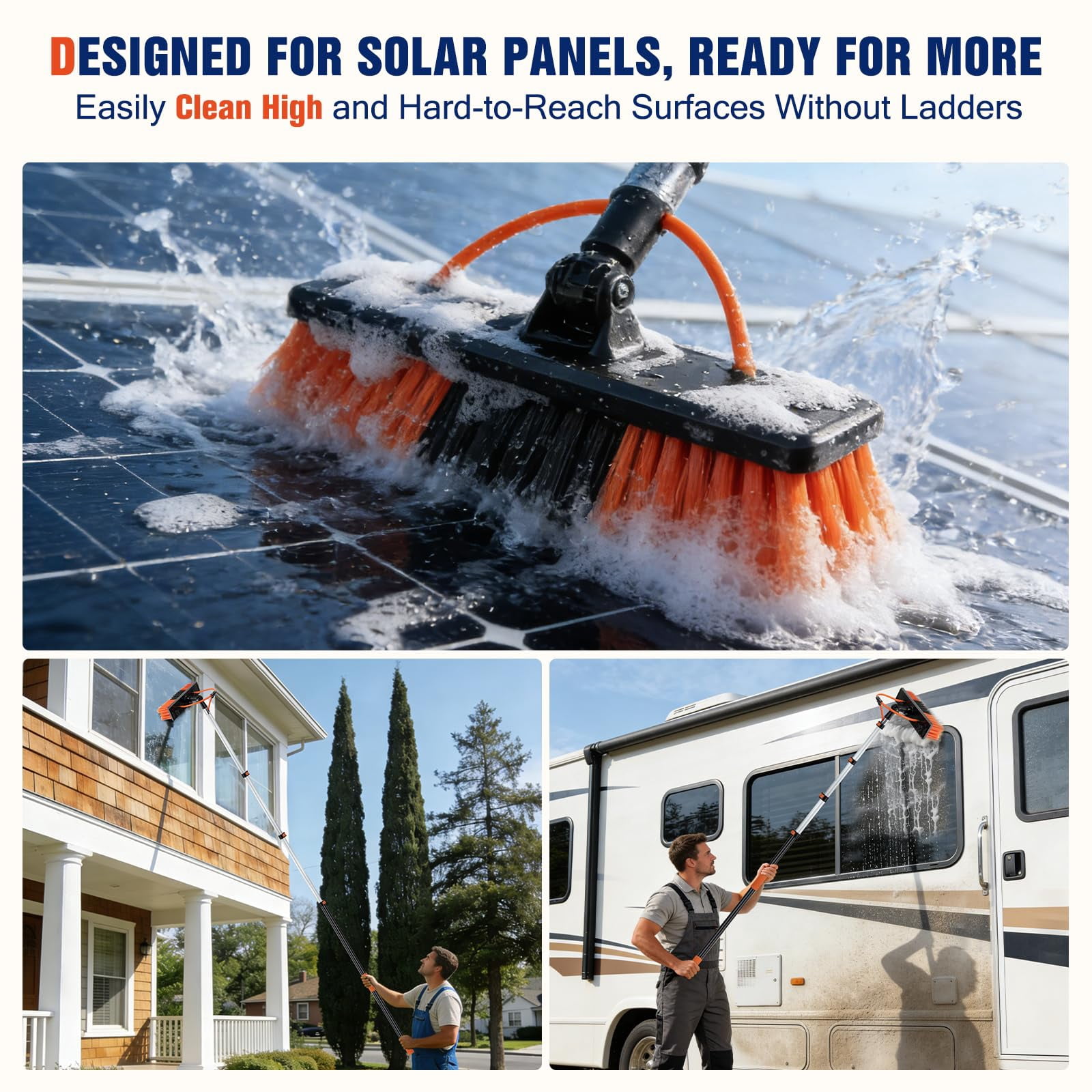 20FT Extendable Cleaning Pole with Adjustable Brush Head & Soap Bottle, Outdoor Cleaning Tool for Windows, Walls, Roofs and Exterior Surfaces