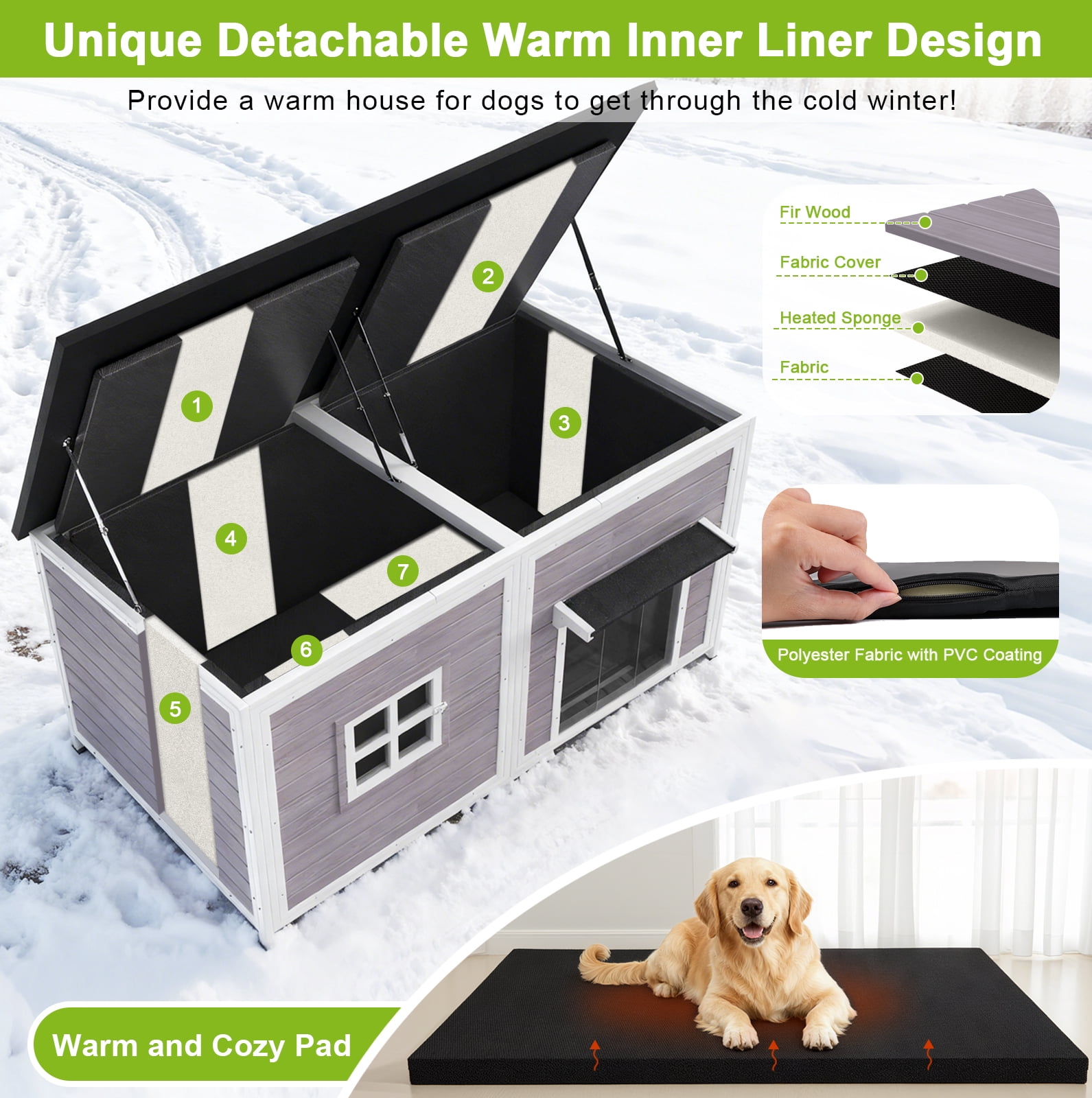 HomeSheek 59" Outdoor Dog House with Insulated Liner, Extra Large Kennel, Weatherproof Roof, Heavy-Duty Anti-Chew Frame for Various sizes Breeds