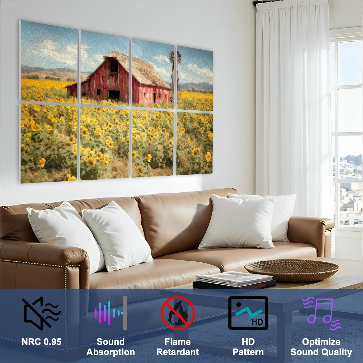 8 Pack Art Acoustic Panels Sound Absorbing Serene Rural Scene Weathered Barn Towering Sunflowers Decorative Soundproof Wall Panels Self Adhesive for Bedroom Home Office 48"x32"