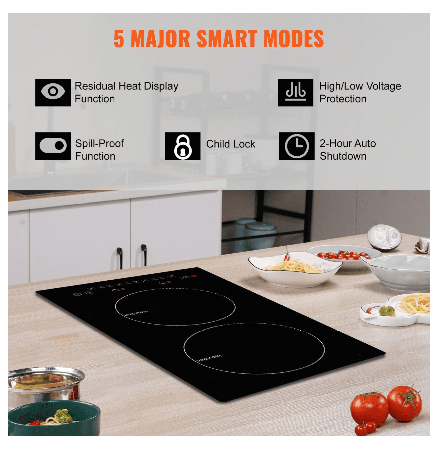 Electric Cooktop 2 Burners, 12'' Induction Stove Top 1800W, Built-in Magnetic Cooktop, 9 Heat Levels, LED Touch Screen, Child Lock & Overheat Protection