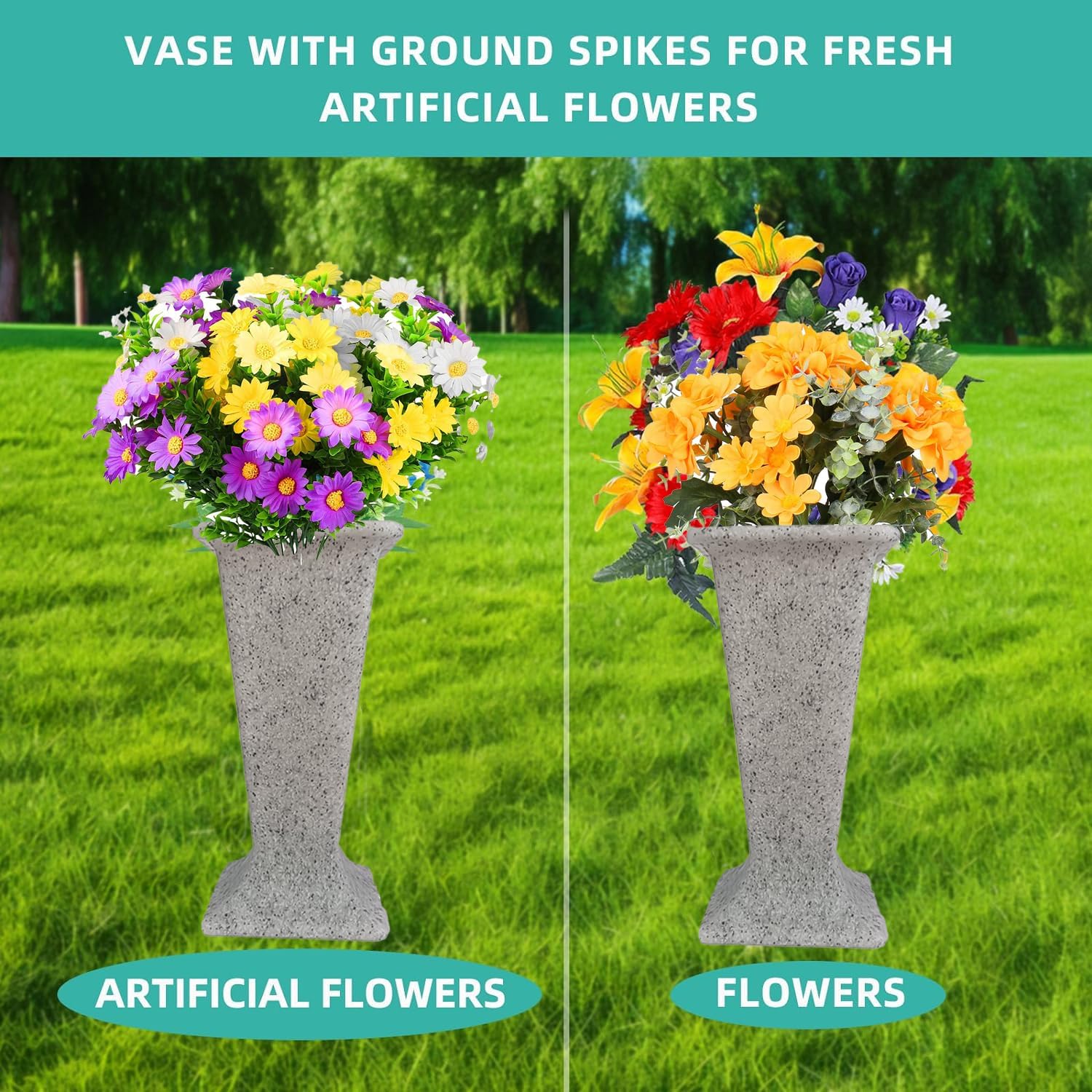 Cemetery Vase for Grave Headstones with Metal Spike Flowers Fake Floral Holder for Atificial Outdoor Tombstone Decorations Markers memorials Sympathy for Loss of Loved Ones (2)