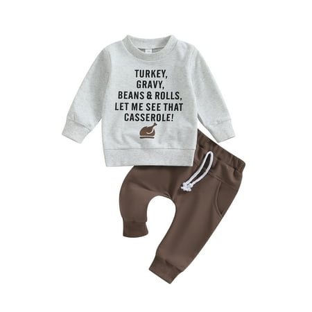 

Qtinghua Toddler Baby Boy Thanksgiving Outfits Long Sleeve Turkey Print Sweatshirt+Pants Clothes Gray 0-6 Months