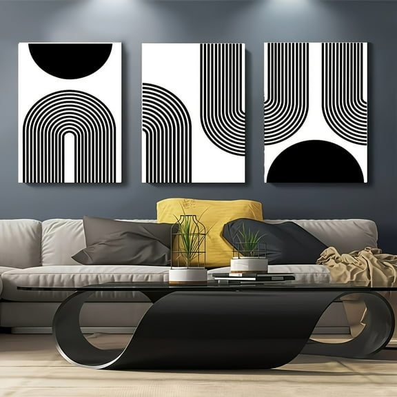 2D Flat, 3pcs 2D Frameless Abstract Black and White Geometric Minimalist Design Canvas Prints, Line Art Wall Decor, Large Size Canvas Posters for Living Room, Bedroom, Office Decoration, Aesthetic R