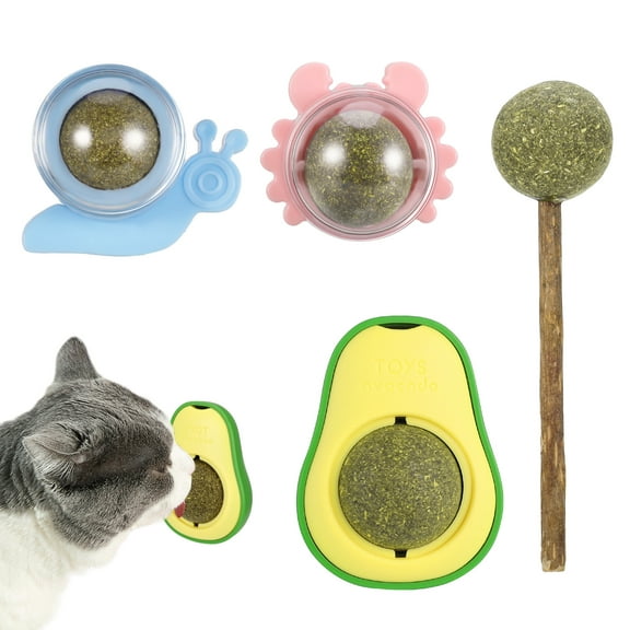 HAOSHICS 4 Pcs Catnip Balls for Cats Wall, Edible Kitty Toys for Cats Lick, Detachable Silvervine Catnip Lollipop, Rotating Catnip Roller, Teeth Cleaning Cat Bite Toy for Indoor