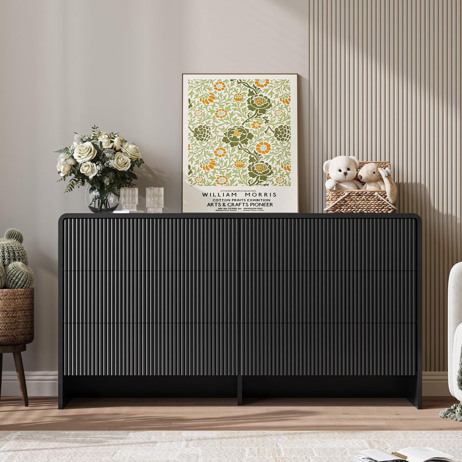 FURNIWAY Black 6 Drawer Dresser Push to Open Modern Curved Long Dresser for Bedroom Living Room Closet
