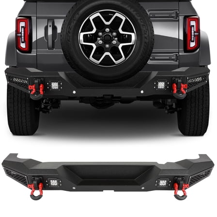 cciyu Upgraded Textured Black Rear Bumper Compatible for 2021 2022 for Ford Bronco Heavy Duty Steel Bumper with D-ring and LED Lights