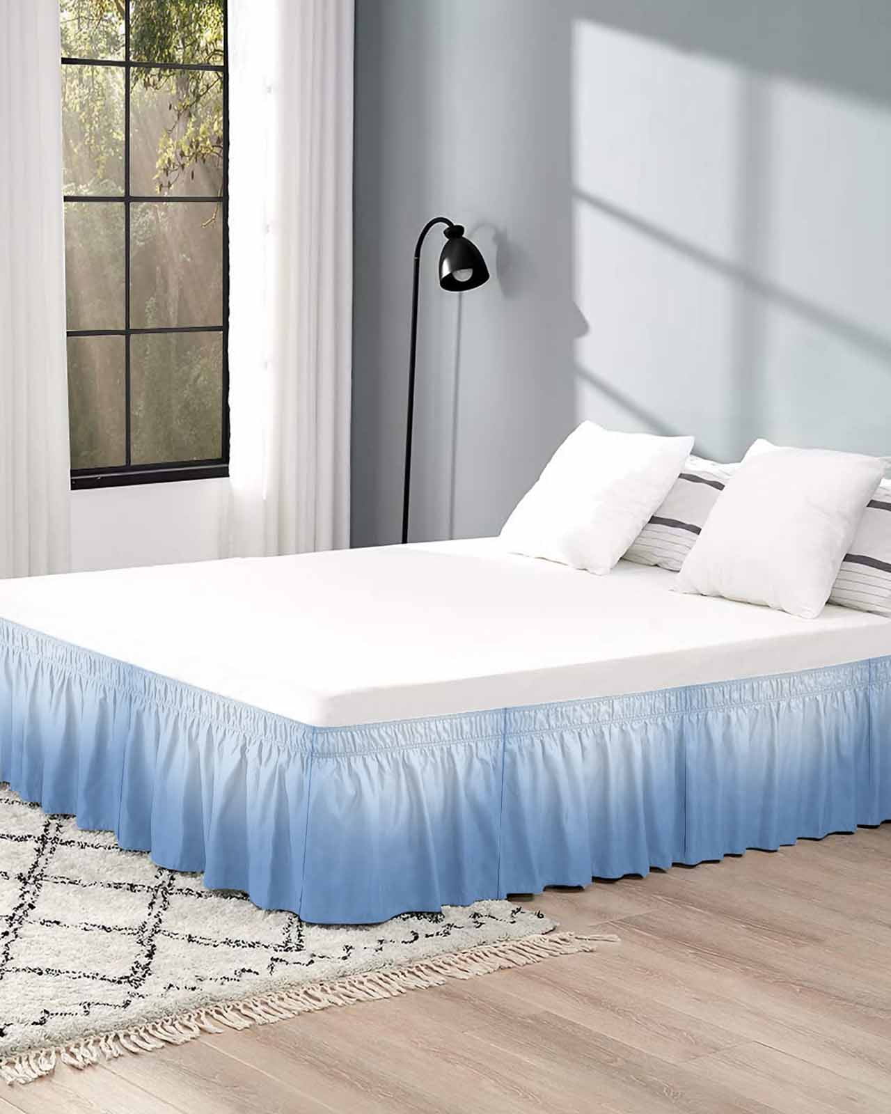 Blue Ombre Wrap Around Bed Skirts for Queen Bed 18" Drop, Bed Skirt with Adjustable Elastic Belt Dust Ruffle Bed Valance for Bedroom Hotel Luxury Modern Minimalist Gradient Aesthetic Bed Frame Cover