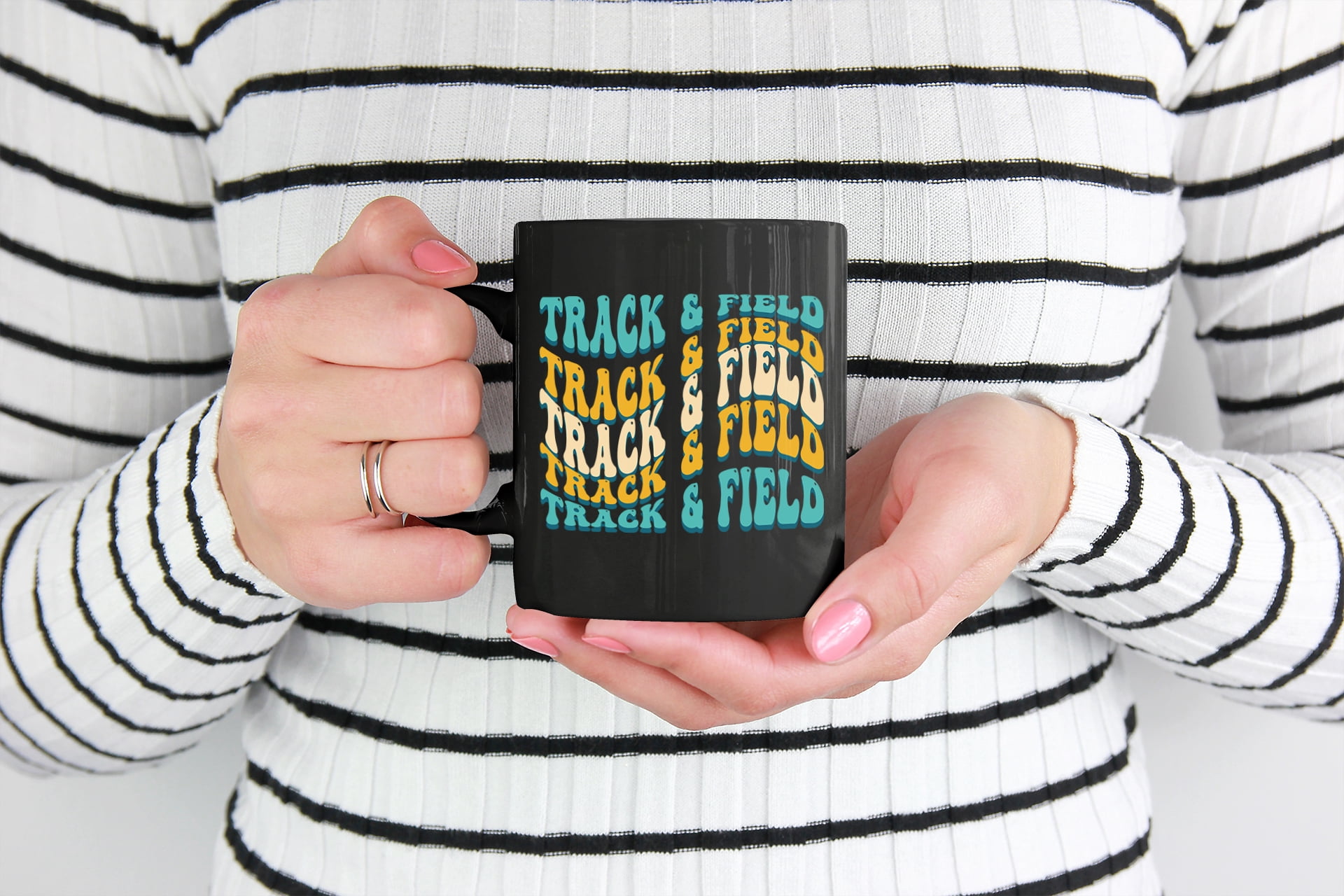 Track & Field, Athlete or Sports Themed, Groovy Retro Wavy Text Merch Gift, Black 11oz Ceramic Mug