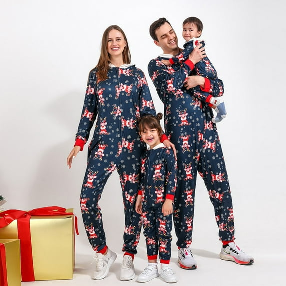 URMAGIC Matching Family Christmas Pajamas Sets Cute Cartoon Elk Printed Onesie Hooded Jumpsuit One Piece Sleepwear Set
