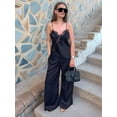 thumbnail image 4 of Women Satin Lace Camisole Top Sleeveless Spaghetti Strap Silk Lace Trim Top Black S, 4 of 10
