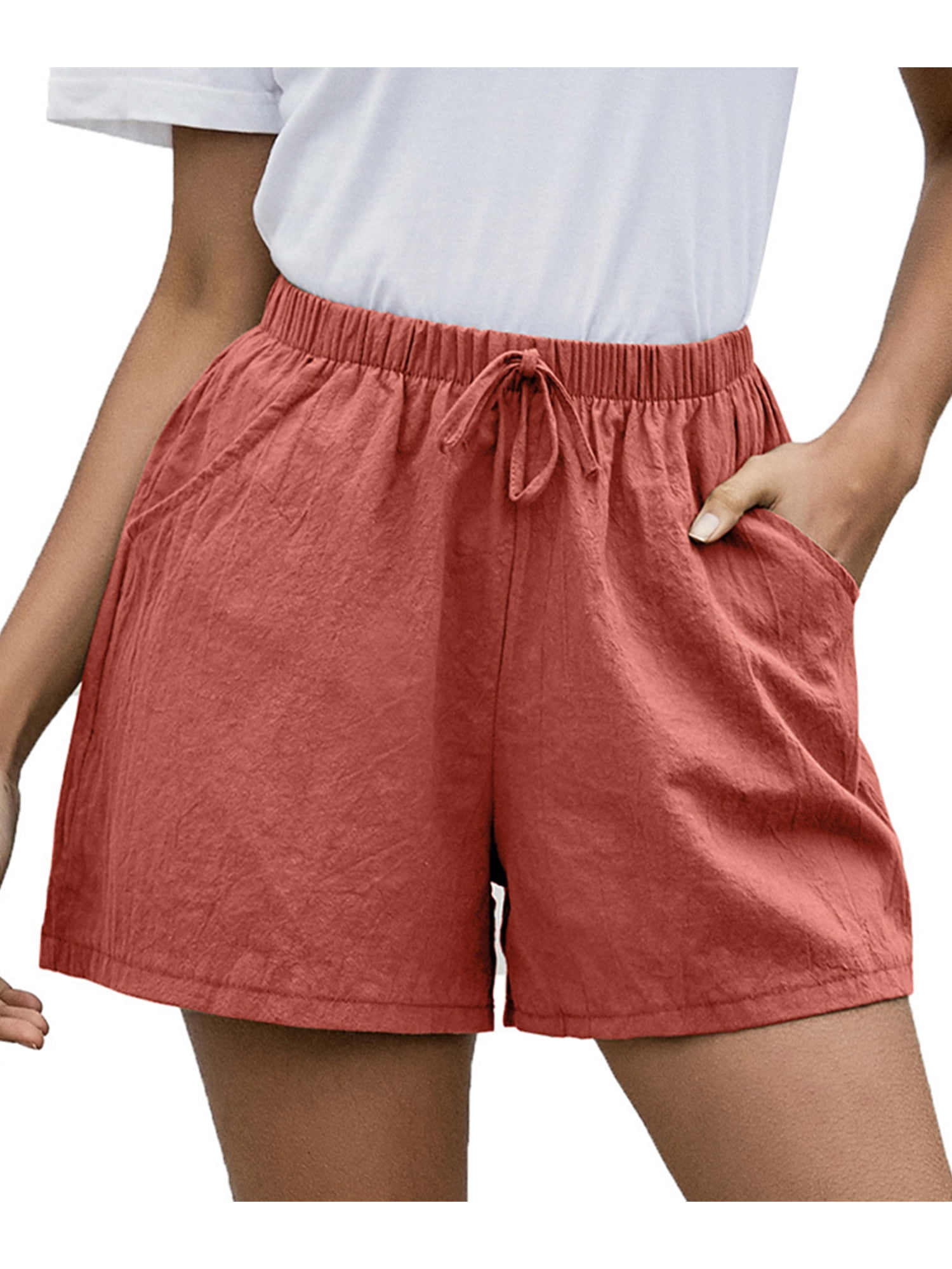 Wodstyle - Womens Cotton Linen Plain Elastic Waisted Summer Shorts Lace ...