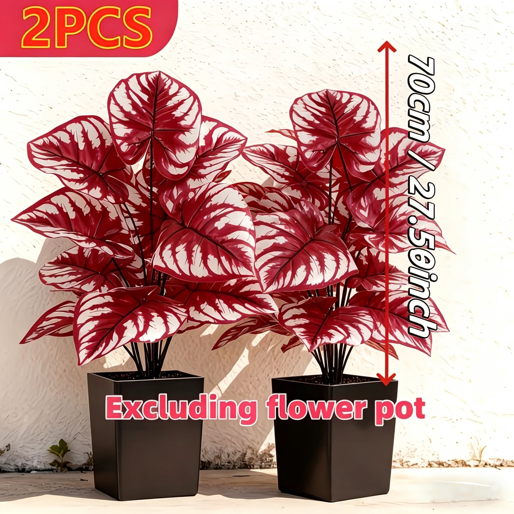 2 PCS 27.5 Inch Artificial Caladium Plants, Faux Red Leaf Caladium, UV Resistant Fake Plants for Indoor Outdoor Home Garden Decor, No Pot Included