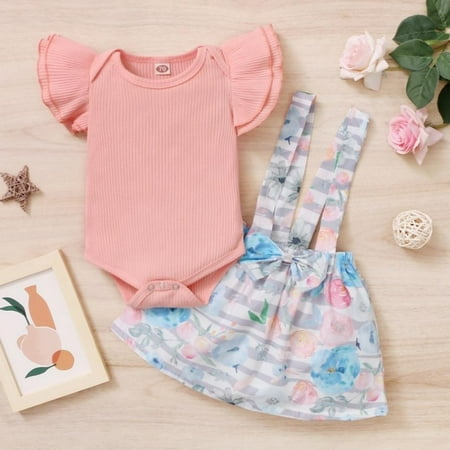 

Fantadool Summer Baby Girls Clothes Sets 2Pcs Romper Short Sleeve Tops Flower Strap Skirtsborn Clothing 0-18 Months Set