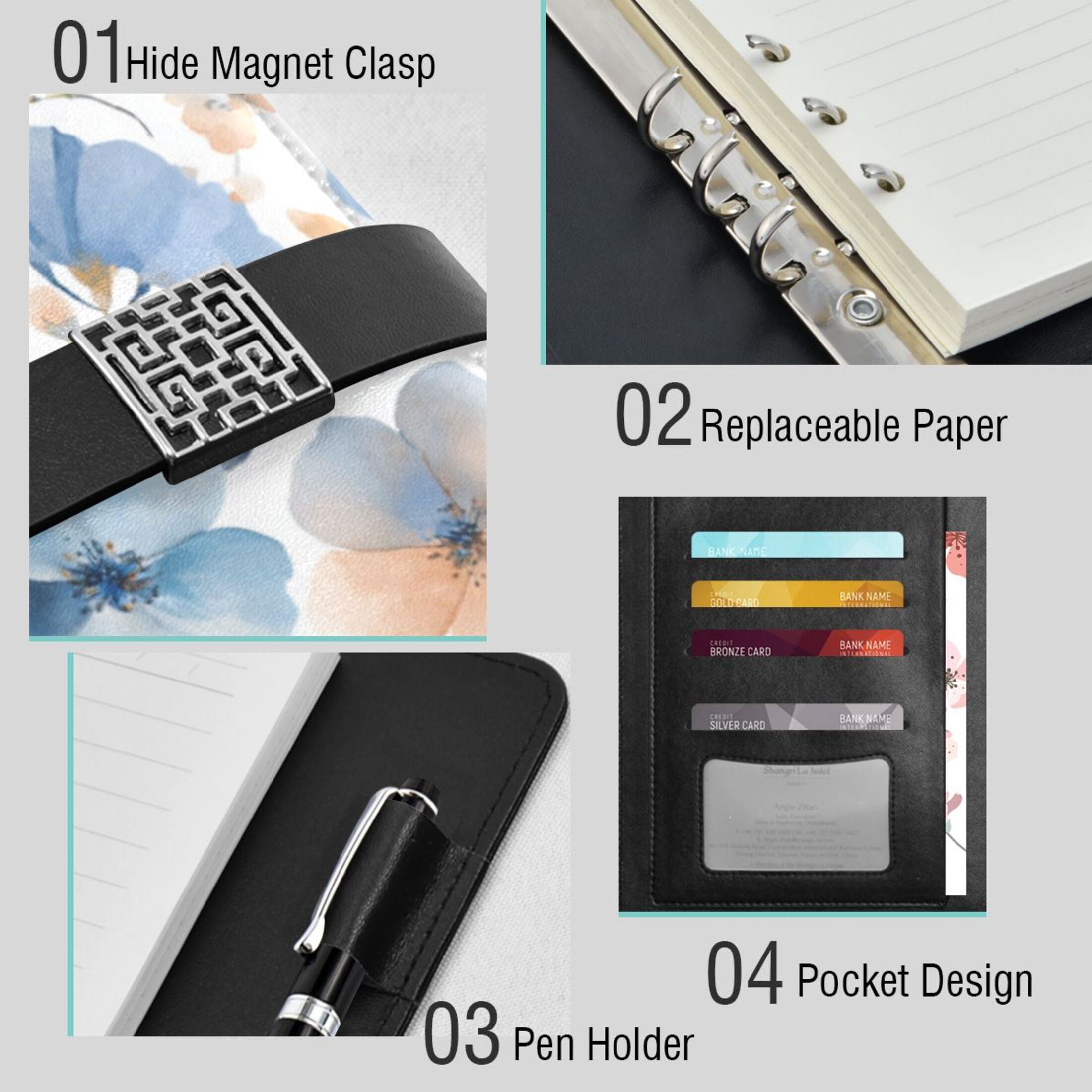 Leather Planner Leather Notebook Notebook Journal Binder Design Pen Pocket Design Convenient for Storage Lovely Watercolor Blue Flowers