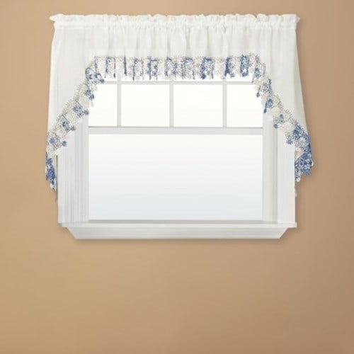 Lillian Floral Lace Trim Window CurtainsBlueSwags