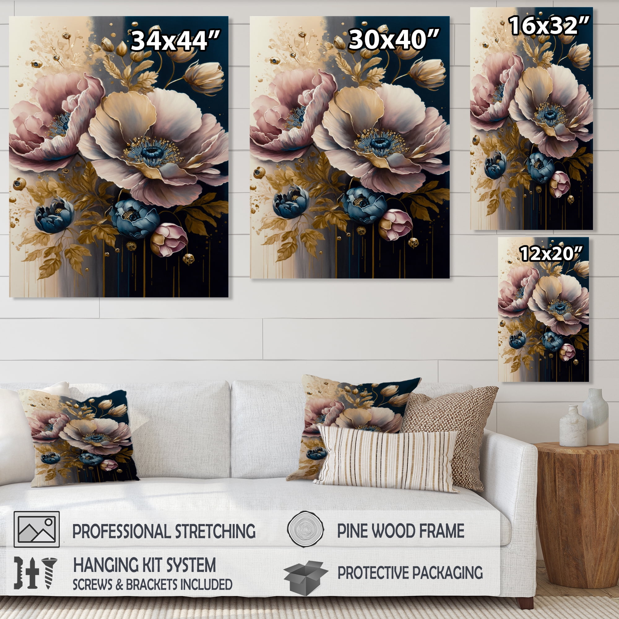 Designart Bold Pink And Blue Poppy Flowers II Canvas Wall Art