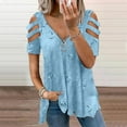 thumbnail image 2 of Pxiakgy Women Cold Shoulder Tops Summer Short Sleeve Shirt Zipper V-Neck Tee Casual Loose Fitting Solid Color Tunic Top Heart Print V Neck Zipper Strap Cold Shoulder Shirt Blouse Loose Top Blue M, 2 of 5