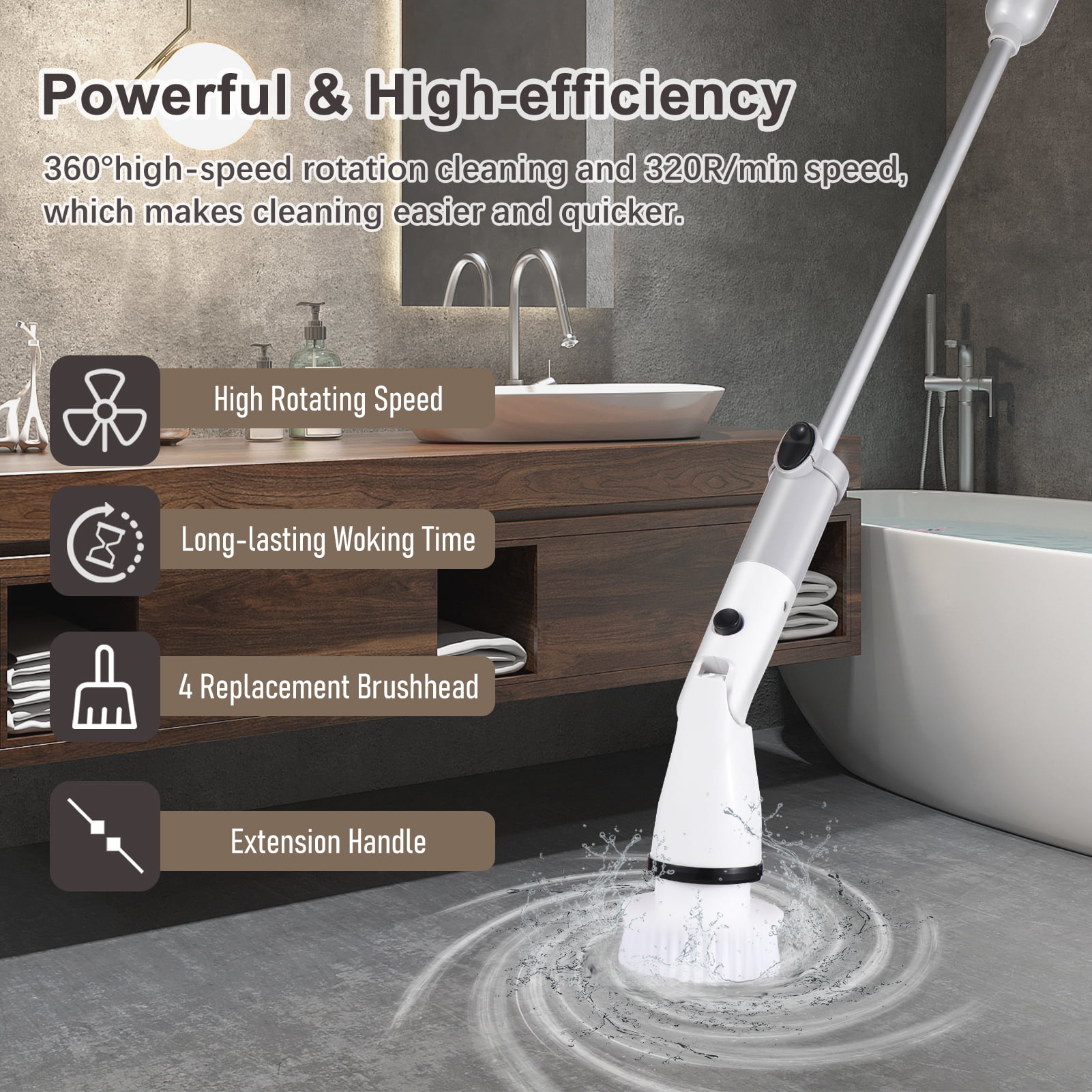 Electric Spin Scrubber 360 Cordless Bathroom Cleaning Brush with 4 Replaceable Scrubber Brush Heads Extension Handle for Tub, Tile, Wall, Bathroom - image 5 of 10