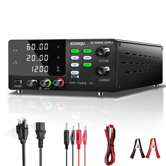 KUAIQU DC Power Supply Variable 60V 20A 1200W High-Power for 12V/24V/36V/48V Battery Charging with OCP Memory Storage Output Switch Adjustable Switching Regulated Bench DC Power Supply