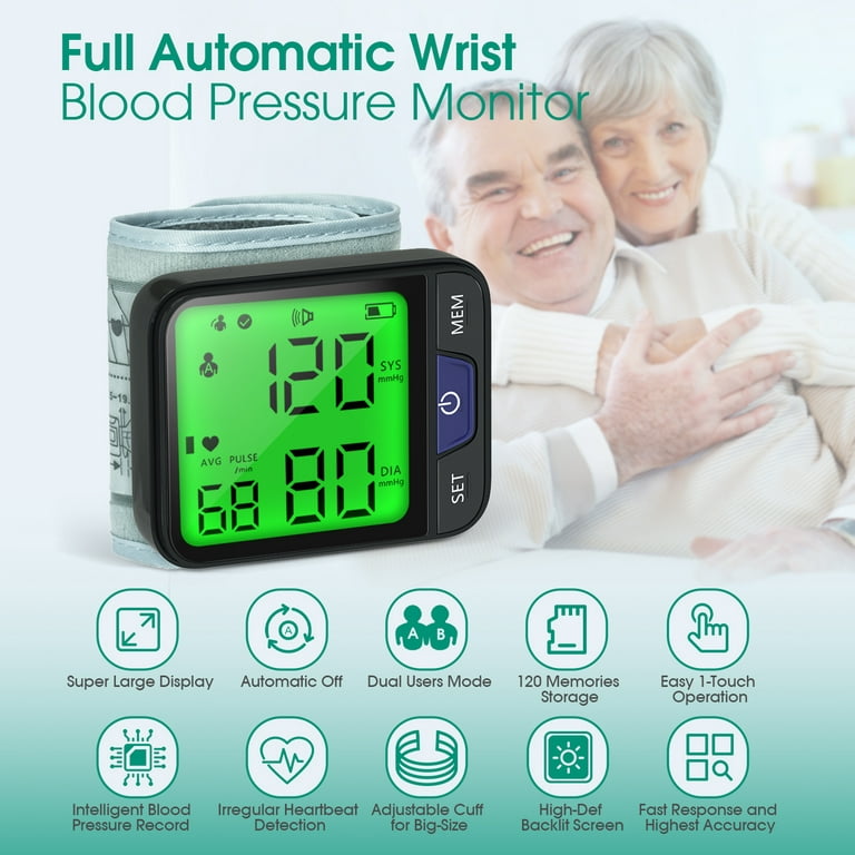 Blood Pressure Monitor, Professional Wireless Automatic Wrist Blood Pressure Cuffs Health Monitors, Portable BP Heart Rate Monitor with LCD Backlit