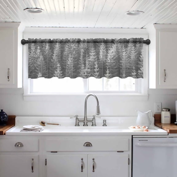 Grey Forest Valance Curtains for Kitchen/Living Room/Bathroom/Bedroom Window, Pine Tree Summer Botanical Modern Art Rod Pocket Small Topper Half Short Window Curtains Voile Sheer Scarf 42"x12"