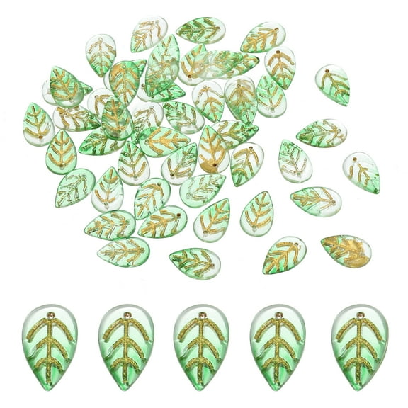 Uxcell 18x11mm Leaf Glass Beads, 50Pcs Leaf Shape Glass Spacer Beads Pendants for DIY Craft Jewelry Making, Dark Green