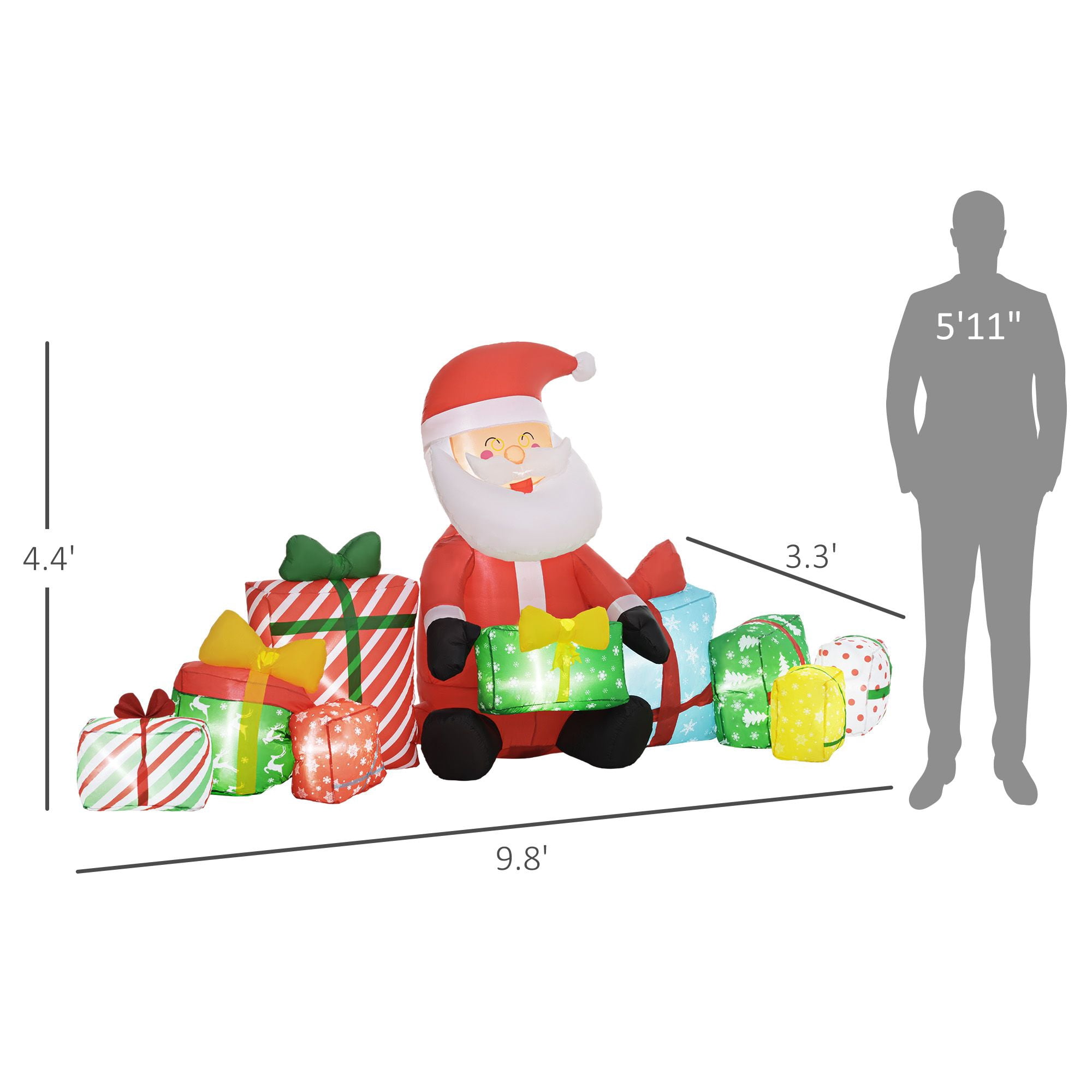 Inflatable Santa Claus with Gift Boxes, 4.4 ft Christmas Blow-Up Yard Decoration with White LED Lights, Polyester Outdoor Holiday Display